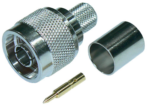 Low P.I.M. N-type male solder pin crimp connector plug for RG214 – tri-metal plated